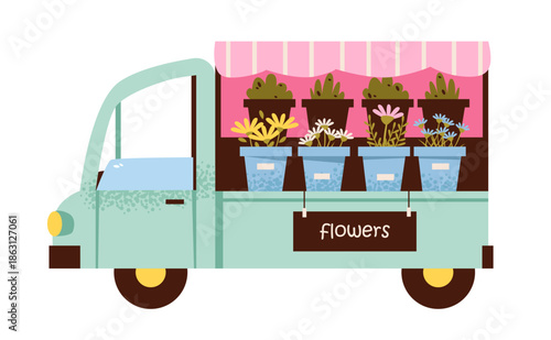 Flower truck carrying potted blooms, perfect for spring, markets, and floral concept. Mobile florist shop. Pastel vector illustration.