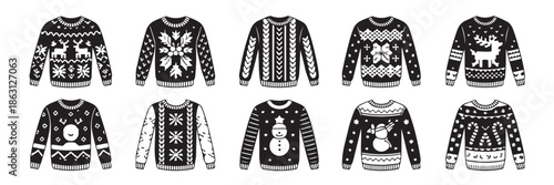 Collection of christmas ugly sweaters vector design with reindeer and snowflake pattern for winter holiday season celebration party on transparent background