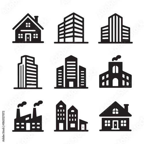 Collection of Building Icons Featuring Diverse Architectural Styles from Houses to Skyscrapers Representing Urban Landscape and Real Estate Development in Black Silhouette Style