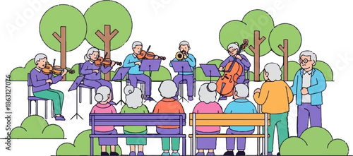 Seniors enjoy a musical performance by an orchestra in a park with trees and bushes