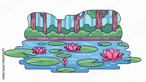 Serene forest scene with a tranquil pond featuring vibrant pink water lilies