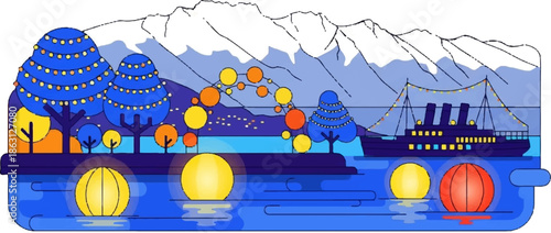 Serene coastal scene with illuminated trees, floating spheres, and a majestic ship under snowy peaks