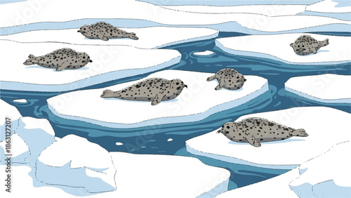 Seven spotted seals lounge on floating ice floes in a polar ocean landscape