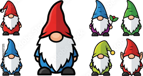 Seven stylized cartoon gnomes with pointed hats in vibrant colors