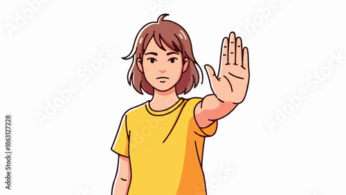 Person in yellow shirt holds up hand in a stop gesture