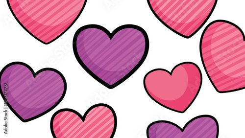 Several pink and purple hearts with striped textures and black outlines are scattered