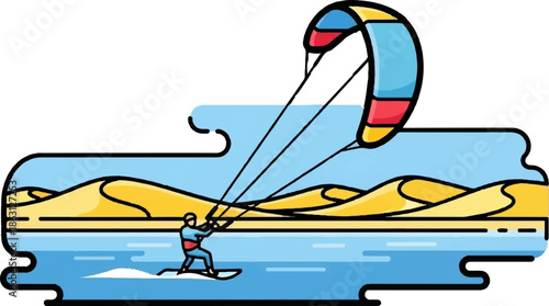 Person kiteboarding on water with desert dunes and sky background