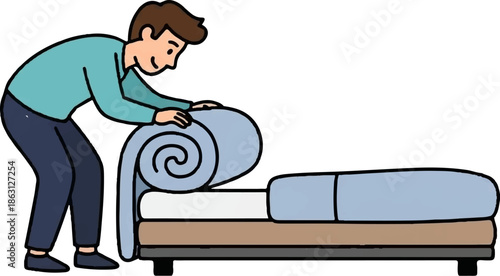Person making bed with blue linens