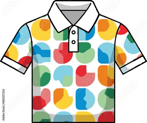 Short-sleeved collared shirt with a colorful, abstract geometric pattern