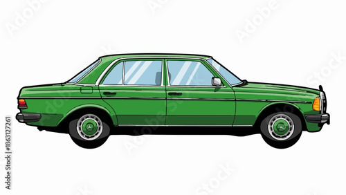 Side profile of a vintage green sedan with reflective windows and distinct wheel hubs