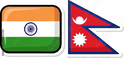 Side-by-side flags India and Nepal, distinct shapes, patriotic colors, national emblems