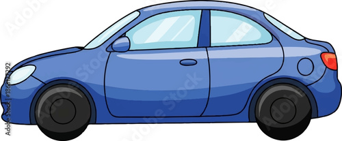 Side view of a vibrant blue two-door compact car illustration with dark wheels and light windows