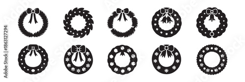 Collection of christmas wreath silhouettes with festive bows and jingling bells, ideal for holiday decorations on transparent background for christmas season designs