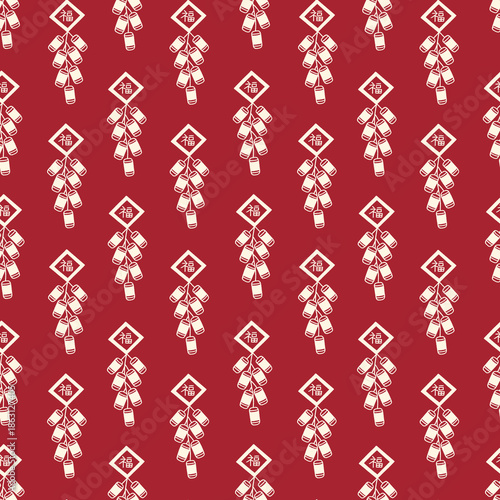 Chinese New Year Firecrackers Line Art on Red Vector Seamless Pattern Design