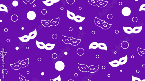 Seamless pattern of white carnival masks and confetti on a dark purple background, ideal for party and festival designs.