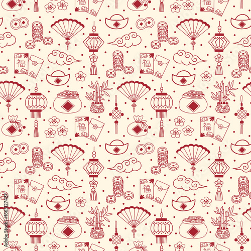Lunar New Year Lucky Charms and Auspicious Elements Line Art on Beige Vector Seamless Pattern Design