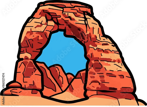 Red sandstone arch formation against a clear blue sky, stylized drawing