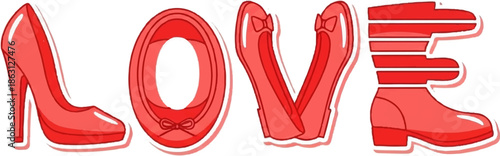 Red shoes in the shape of the word LOVE high heel, flat, ballet, and boot