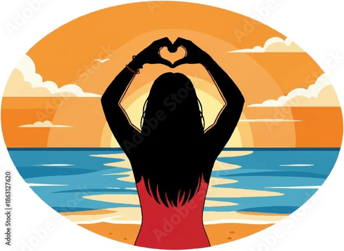 Silhouette of a person making a heart shape with hands at sunset by the sea