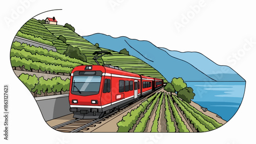 Red train travels through vineyards by a lake and mountains