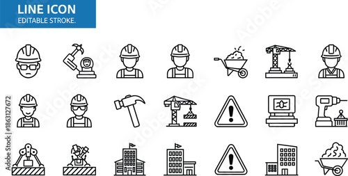 Line of construction workers tools and buildings with editable stroke line editable stroke