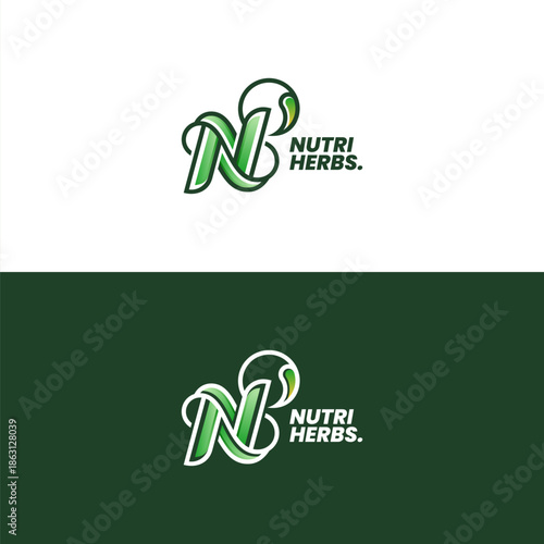 Letter N with gradient and shiny leaves for the logo of nutritional products, vegetable and herbal brands