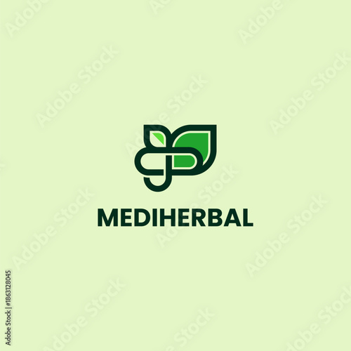 herbal capsules and leaves in lineart design style for herbal medicine and health logo