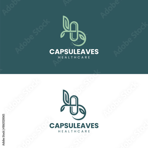 herbal capsules and leaves in lineart design style for herbal medicine and health logo
