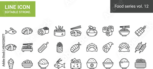 Set of black and white line depicting various Japanese food sushi sashimi ramen dumplings