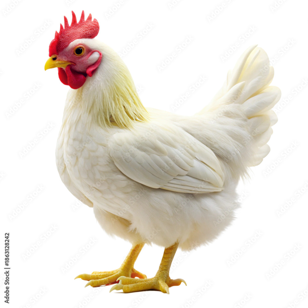 Fototapeta premium White Chicken Standing on White Background