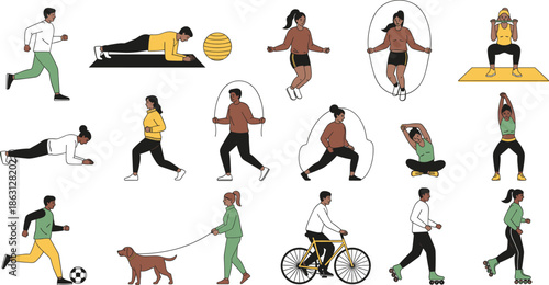 Fitness and Healthy Lifestyle Illustration Set Showing People Exercising, Running, Jump Rope, Yoga, Cycling, Walking Dogs, and Outdoor Workout Activities