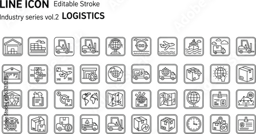 Set of black and white line representing logistics and transportation concepts line warehouse