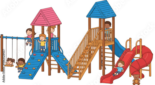 Children Playground Equipment Illustration Set Featuring Slides, Swings, Climbing Structures, Play Towers, and Happy Kids Outdoor Playtime Scenes