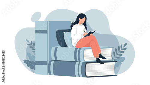 A woman peacefully reading and writing on a stack of oversized books