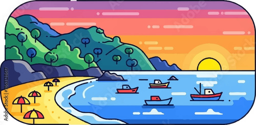 Flat design sunset over a coastal bay. Green mountains, sandy beach, umbrellas, boats on blue water