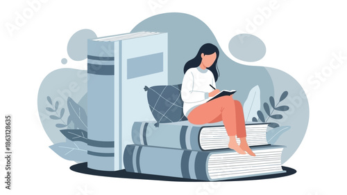 A woman peacefully reading and writing atop a stack of large books in a serene setting