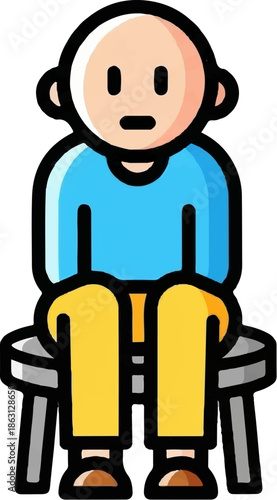 Flat design icon of a seated person wearing a blue shirt and yellow pants