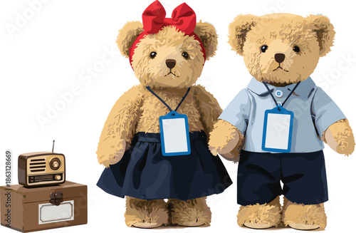 Two teddy bears with name tags and a vintage radio on a box stuffed animal