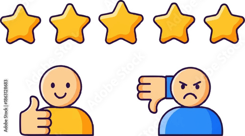 Five stars above happy and angry figures, showing approval and disapproval