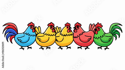 Five vibrant cartoon chickens and roosters in a row, featuring blue, yellow, red, and green colors