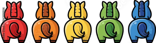 Five cartoon horses in red, orange, yellow, green, and blue are shown from behind