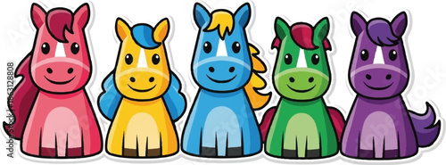 Five cartoon-style horses in vibrant colors, standing side-by-side with friendly smiles on a white background