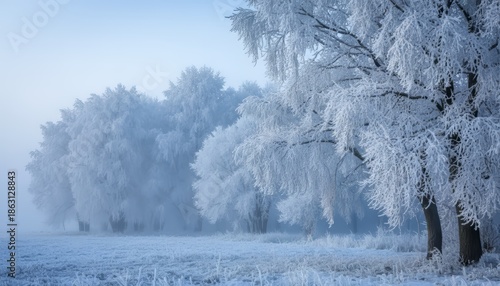 A magical winter forest landscape with trees heavily covered in thick hoarfrost against a soft hazy blue sky.