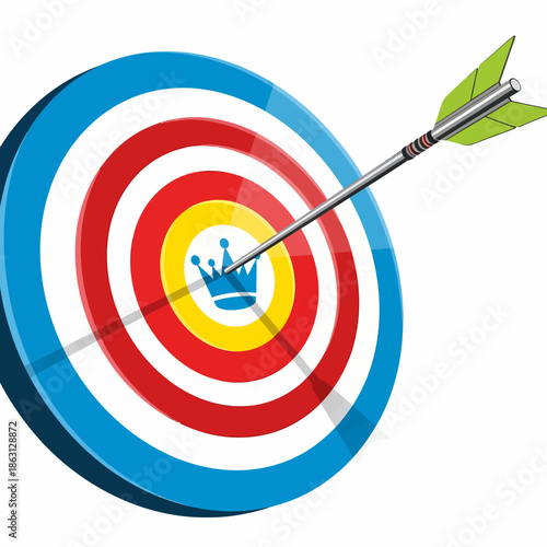 An arrow hitting the center of a target with a crown symbol