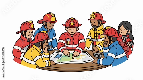 Firefighters gather around a map planning strategy