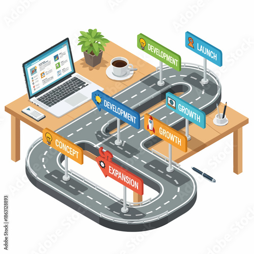 A digital illustration of a road map on a desk representing the stages of project development from concept to launch