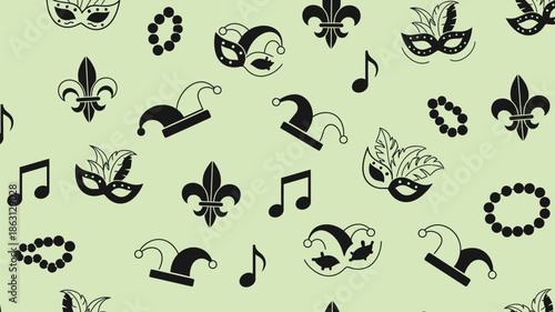 Mardi Gras Carnival Seamless Pattern with Iconic Masks, Fleur-de-Lis, Jester Hats, Beads, and Musical Notes on Light Green
