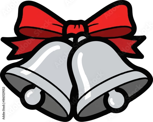 Festive silver bells adorned with a bright red ribbon bow