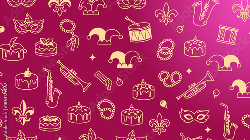 Mardi Gras Carnival Seamless Pattern with Festive Icons