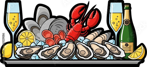 Festive seafood platter with champagne and citrus accents